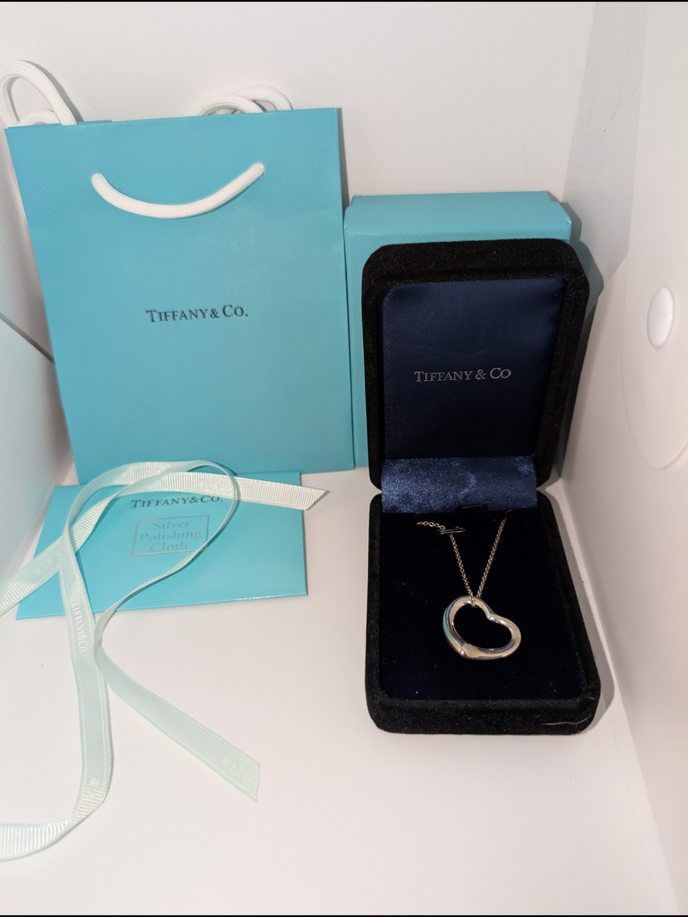 Tiffany & Co. Silver Open Heart Pendant Necklace - Blue Box